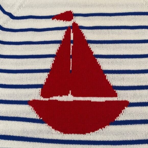 The Loft Pullover Sweater Red Sailboat over Blue & White Stripes Women's Large - Picture 3 of 12